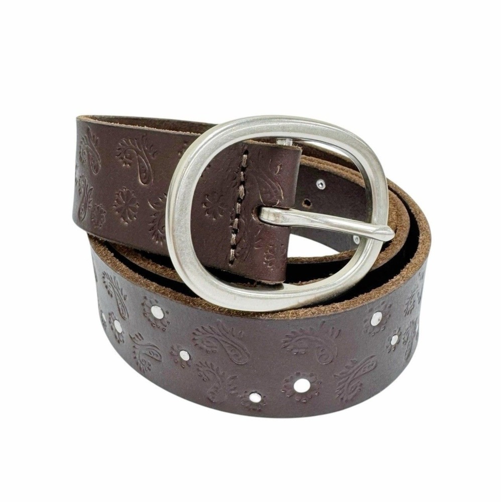 Lucky Brand Womens Size Large Brown‎ Leather Embossed Paisley Studded Belt NWT